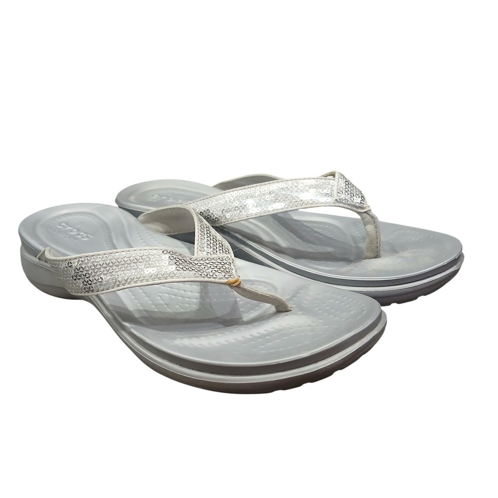 Crocs sz 7 Capri V Sequin Silver Grey Flip Flop Sandals Womens Thongs  Beach